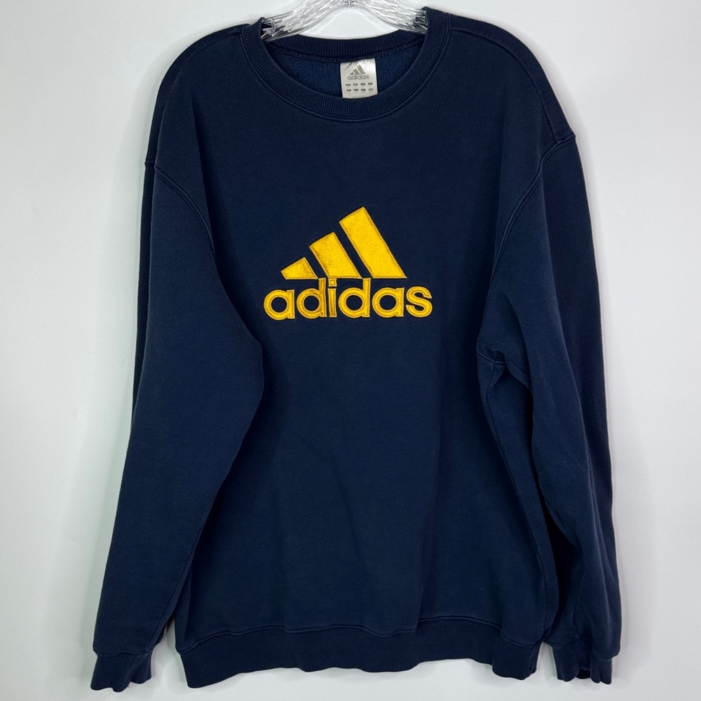 Vintage Adidas Navy Blue Crewneck Sweatshirt Big Yellow Logo Size Large 90s
